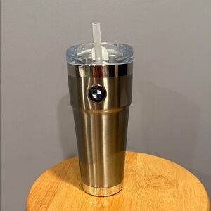 BMW Silver Stainless Steel Travel Tumbler with Clear Lid and Straw